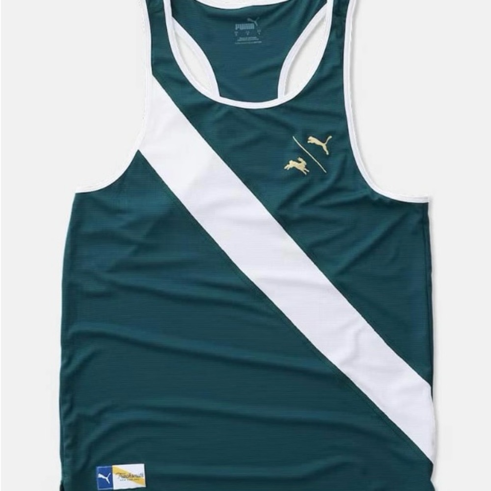 In search of Puma / Tracksmith Green and White singlet